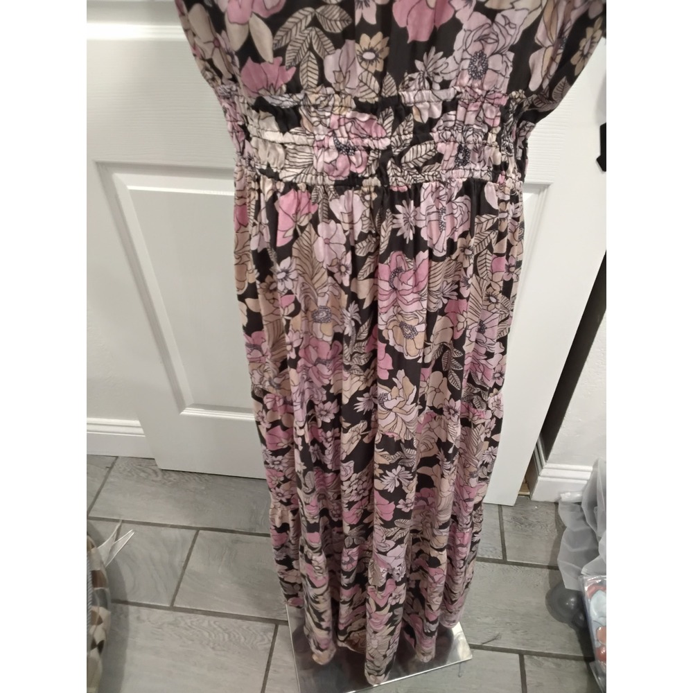 Natural Life Maxi Dress Floral Print Pink Black V Neck Smocked Waist XL - Picture 6 of 8
